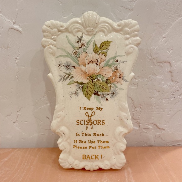 sittre Other - Vintage Ornate Floral Ceramic Pottery Wall Hanging Scissor Holder w Gold Writing
